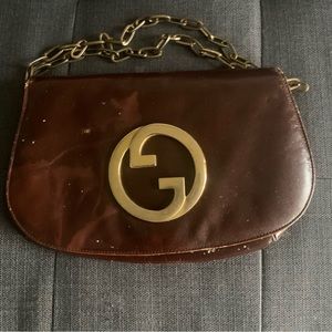 Vintage Brown Gucci leather tote purse with bronze straps